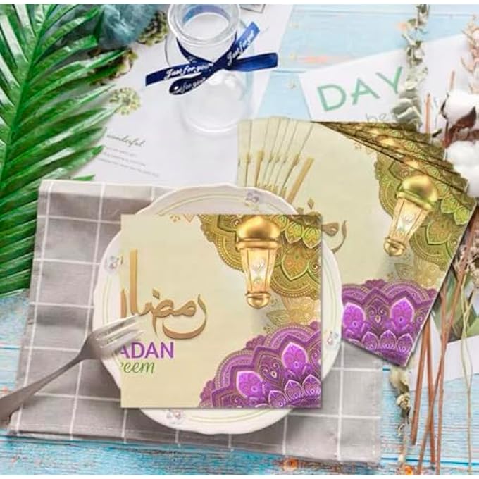 1 PACK OF RAMADAN KAREEM/EID MUBARAK PAPER NAPKINS 20PCS, GOLDEN PURPLE GREEN FESTIVE HOLY MONTH TABLEWARE DISPOSABLE TISSUES FOR IFTAR PARTY EID AL FITR TABLE DECORATION (RAMADAN KAREEM) - Image 3